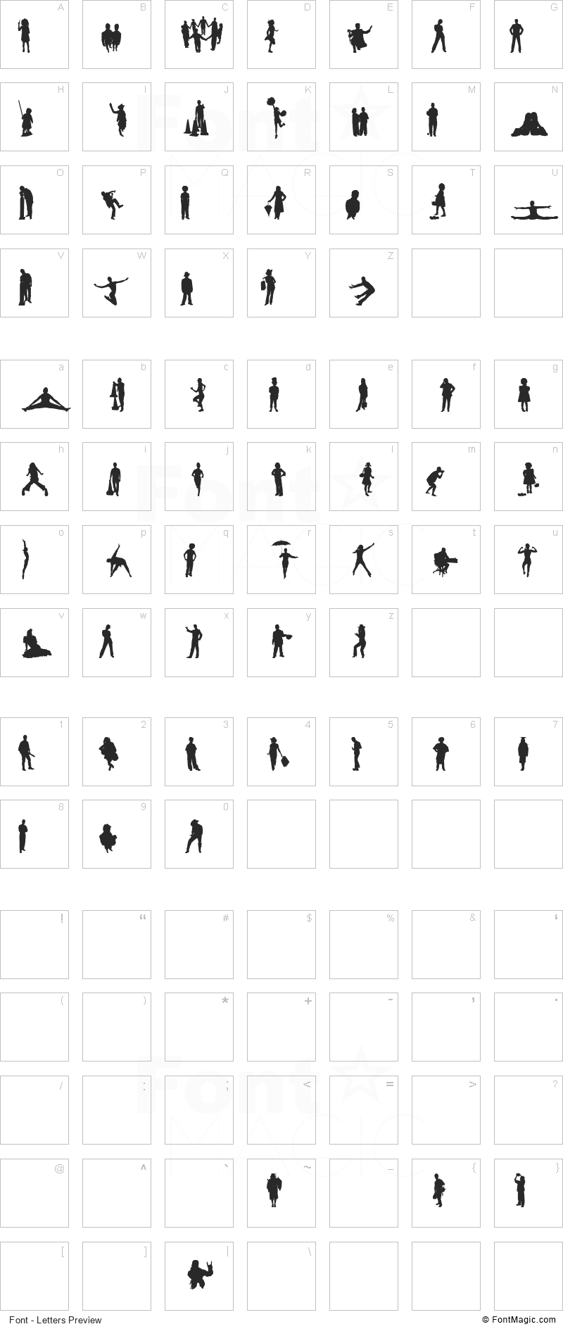 Human Silhouettes Five Font - All Latters Preview Chart